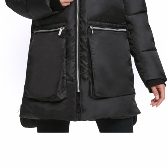 DKNY Black  women m’s TITA Parka Puffer Coat with Hood and Mid-Thigh Length - Picture 3 of 15